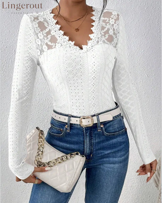 V-Neck Lace Panel Long-Sleeved Top - White / S