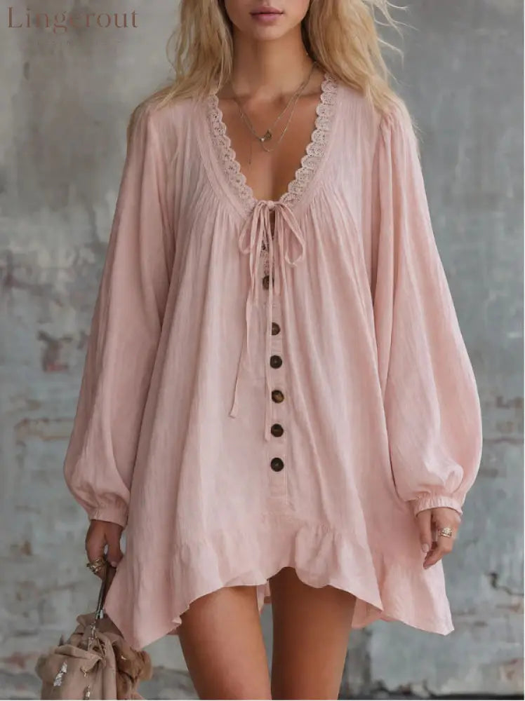 V‑Neck Lace Trim Boho Mini Dress Bell Long Sleeve Tie Front Loose Ruffle Hem Tunic Dress