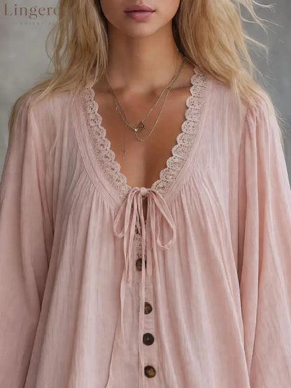 V‑Neck Lace Trim Boho Mini Dress Bell Long Sleeve Tie Front Loose Ruffle Hem Tunic Dress