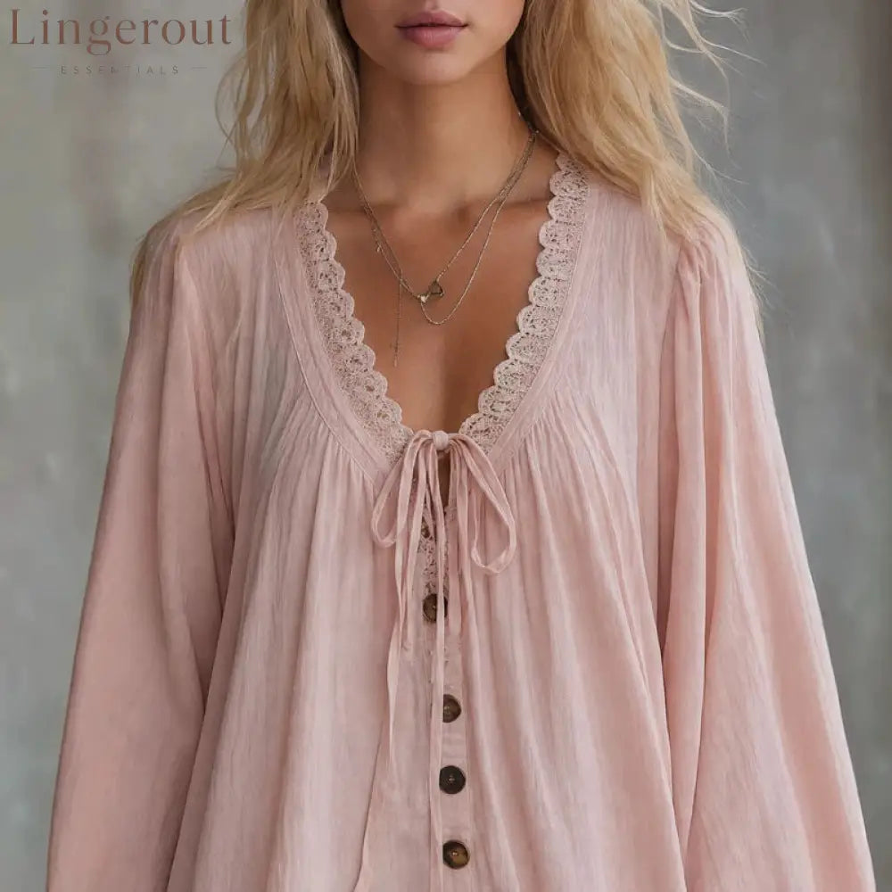 V‑Neck Lace Trim Boho Mini Dress Bell Long Sleeve Tie Front Loose Ruffle Hem Tunic Dress - Pink / S