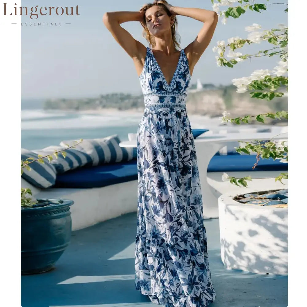 V Neck Lace Up Strip Plant Prints One Piece Swimsuit and Skirt/Sarong