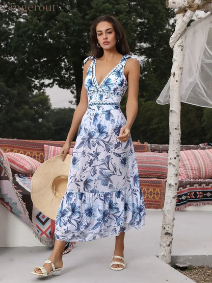 V Neck Lace Up Strip Plant Prints One Piece Swimsuit and Skirt/Sarong