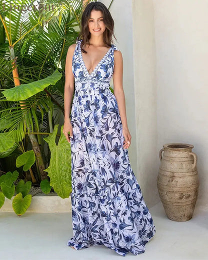 V Neck Lace Up Strip Plant Prints One Piece Swimsuit and Skirt/Sarong
