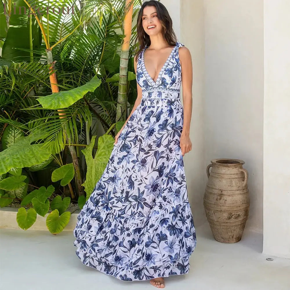 V Neck Lace Up Strip Plant Prints One Piece Swimsuit and Skirt/Sarong