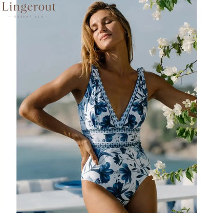 V Neck Lace Up Strip Plant Prints One Piece Swimsuit and Skirt/Sarong
