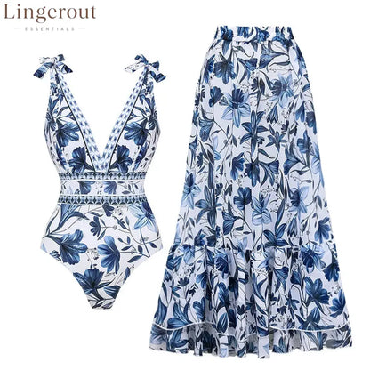 V Neck Lace Up Strip Plant Prints One Piece Swimsuit and Skirt/Sarong - Style 1 / S