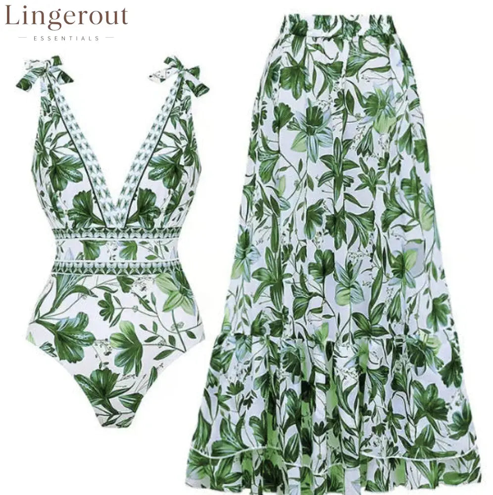 V Neck Lace Up Strip Plant Prints One Piece Swimsuit and Skirt/Sarong - Style 3 / S