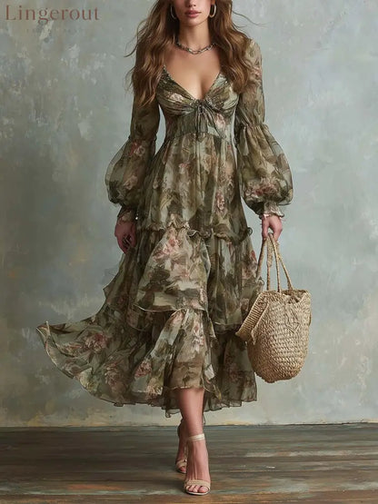 V‑Neck Lantern Sleeve Floral Tiered Maxi Dress
