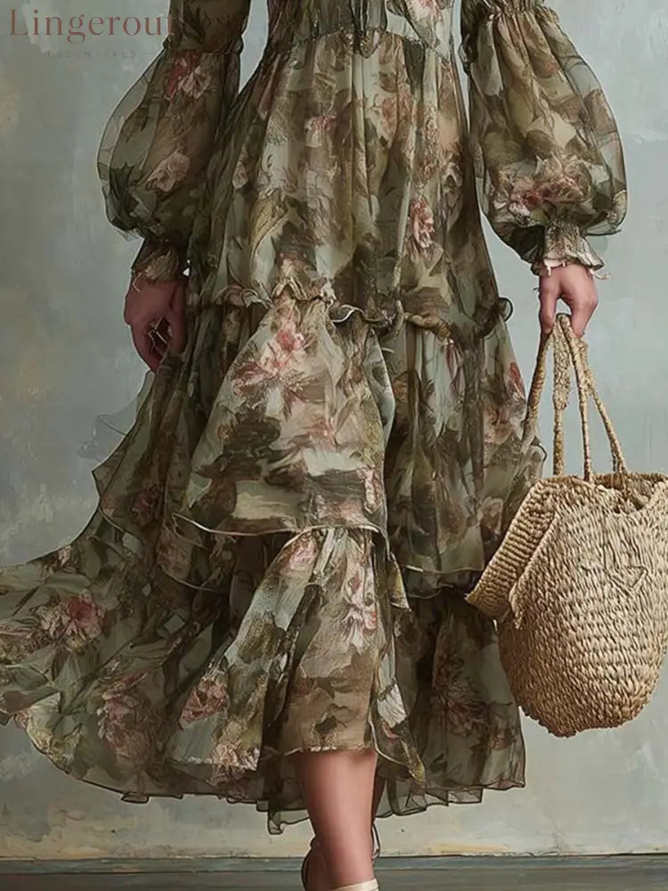 V‑Neck Lantern Sleeve Floral Tiered Maxi Dress