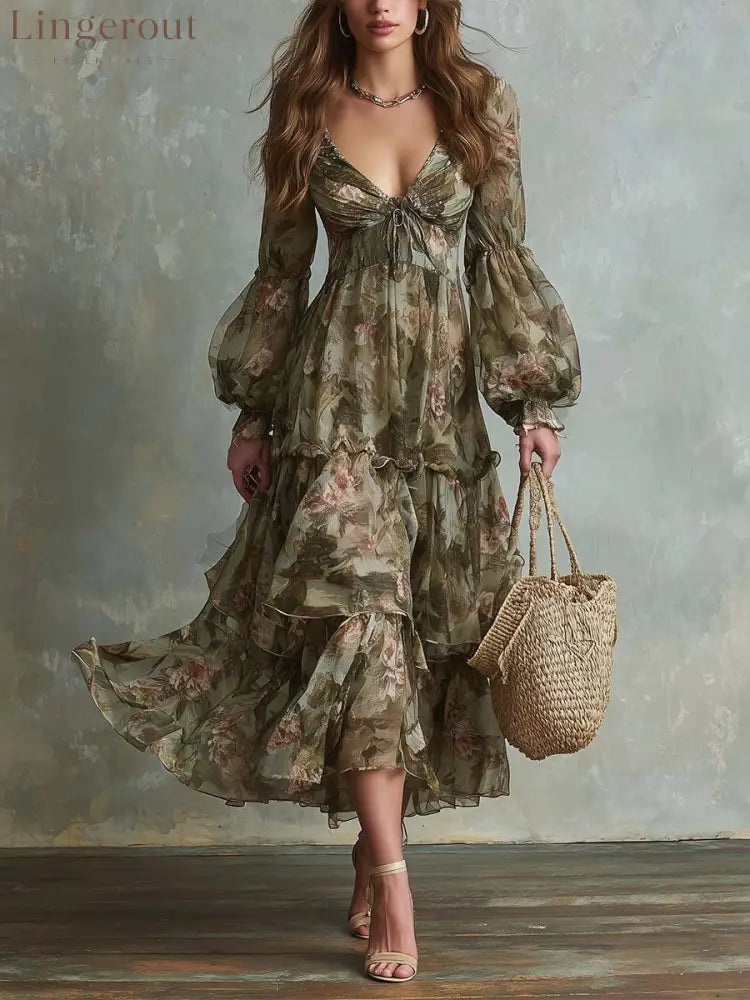 V‑Neck Lantern Sleeve Floral Tiered Maxi Dress