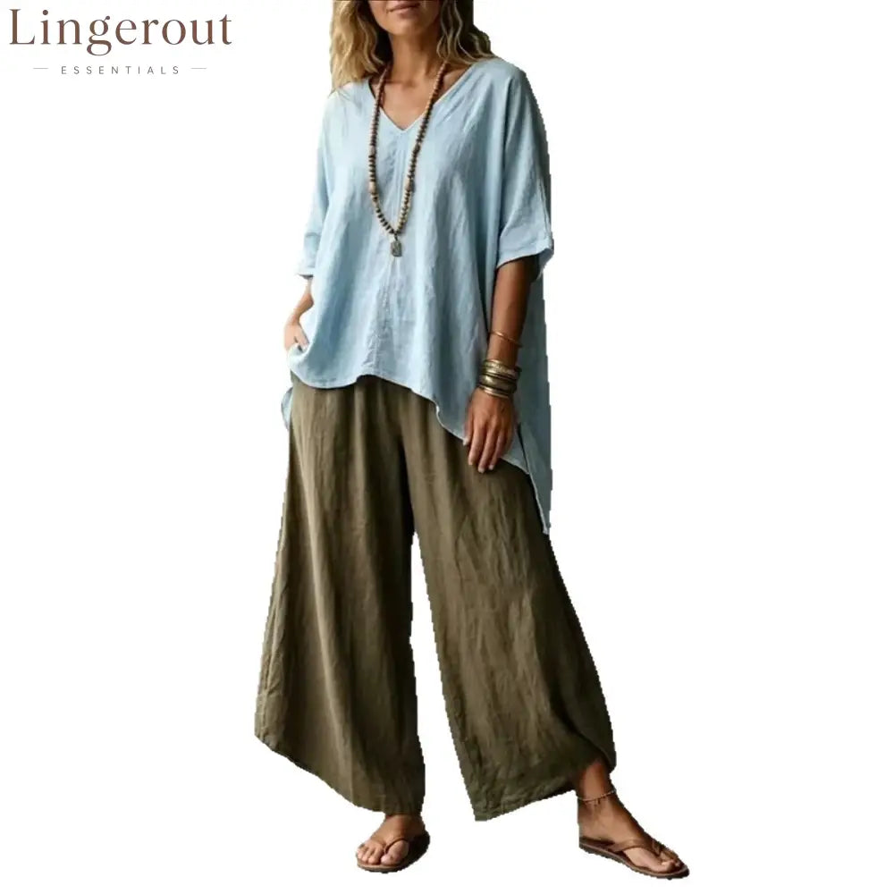 Cross-Border Popular Relaxed Linen Suit Bohemian Style Solid Color V-Neck Short-Sleeved Top + High-Waisted Wide-Leg