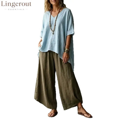 Cross-Border Popular Relaxed Linen Suit Bohemian Style Solid Color V-Neck Short-Sleeved Top + High-Waisted Wide-Leg
