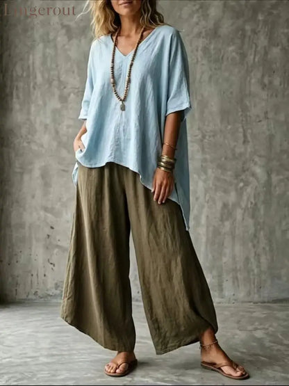 Cross-Border Popular Relaxed Linen Suit Bohemian Style Solid Color V-Neck Short-Sleeved Top + High-Waisted Wide-Leg