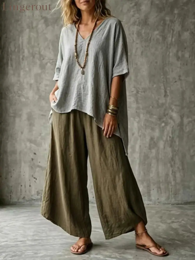 Cross-Border Popular Relaxed Linen Suit Bohemian Style Solid Color V-Neck Short-Sleeved Top + High-Waisted Wide-Leg