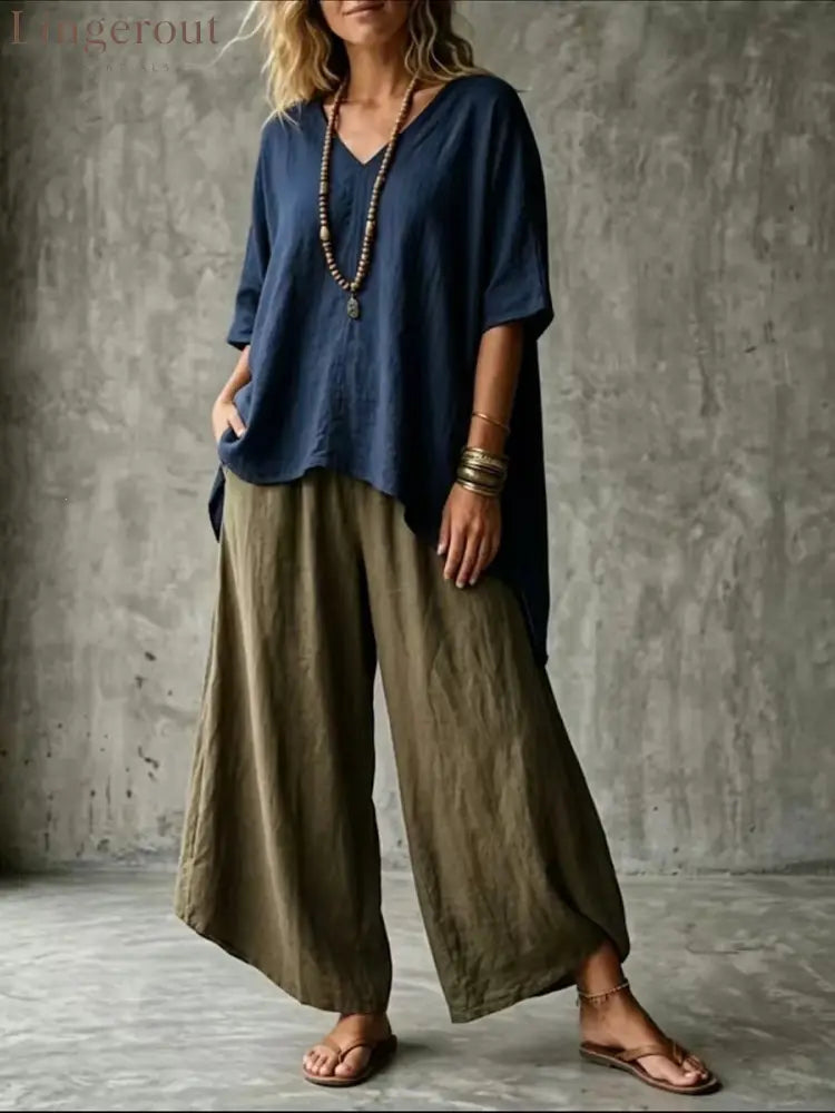 Cross-Border Popular Relaxed Linen Suit Bohemian Style Solid Color V-Neck Short-Sleeved Top + High-Waisted Wide-Leg