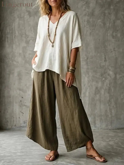 Cross-Border Popular Relaxed Linen Suit Bohemian Style Solid Color V-Neck Short-Sleeved Top + High-Waisted Wide-Leg
