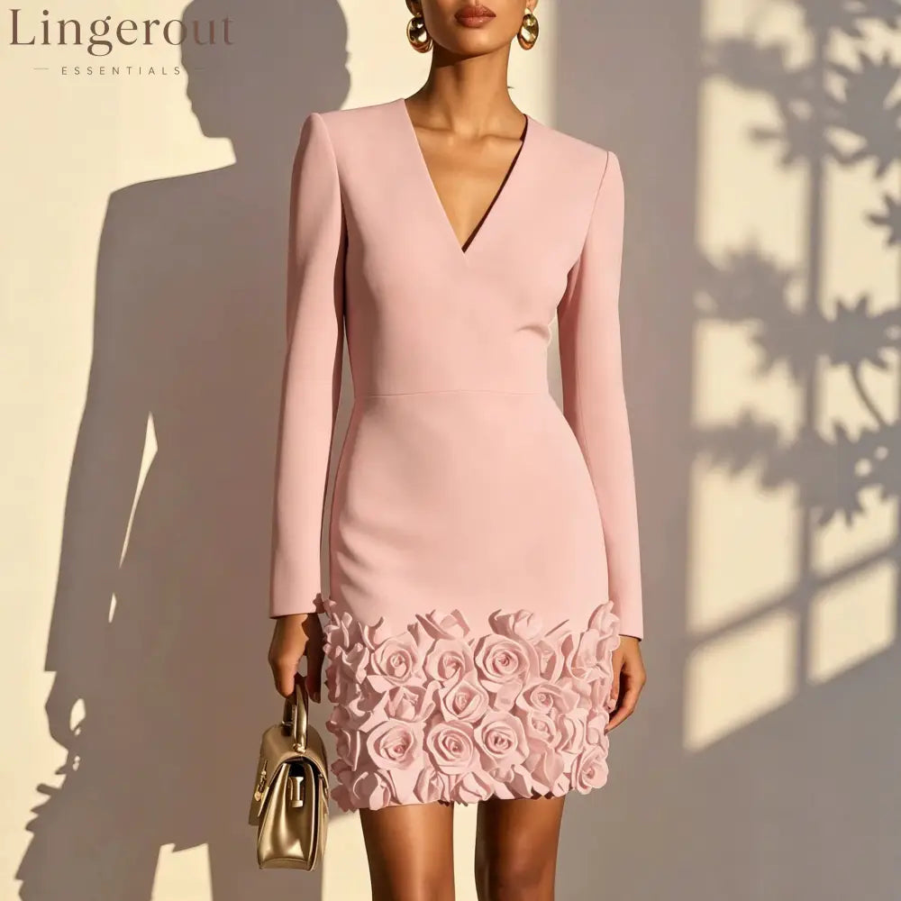 V‑Neck Long‑Sleeve 3D Rose Appliqué Bodycon Mini Dress