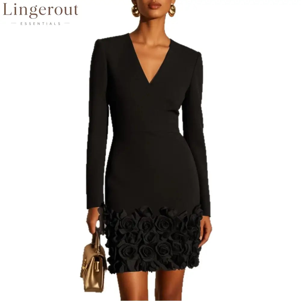 V‑Neck Long‑Sleeve 3D Rose Appliqué Bodycon Mini Dress