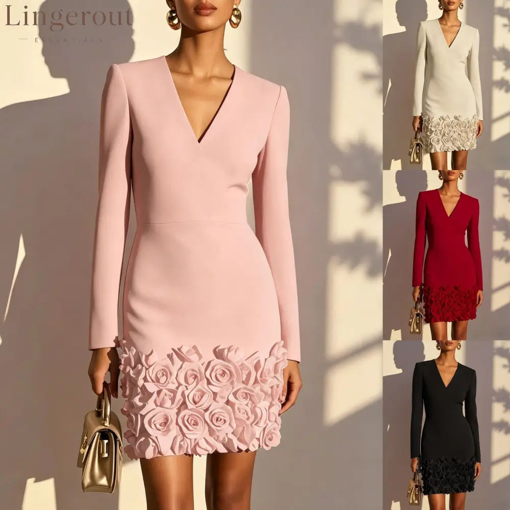 V‑Neck Long‑Sleeve 3D Rose Appliqué Bodycon Mini Dress