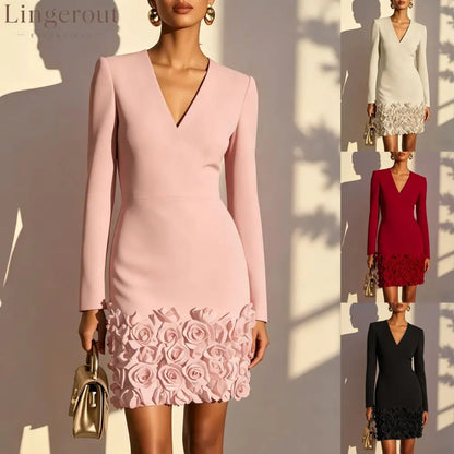 V‑Neck Long‑Sleeve 3D Rose Appliqué Bodycon Mini Dress