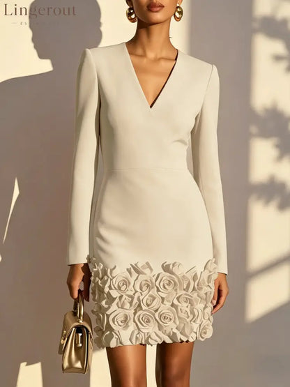 V‑Neck Long‑Sleeve 3D Rose Appliqué Bodycon Mini Dress - Apricot / S