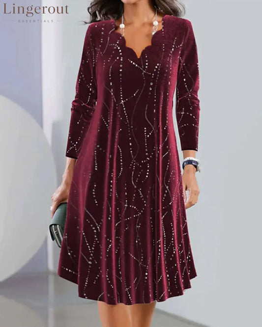 V-neck long-sleeve elegant dress - Burgundy / S