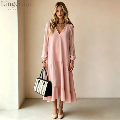 V‑Neck Long‑Sleeve Tiered Ruffle‑Hem Midi Dress