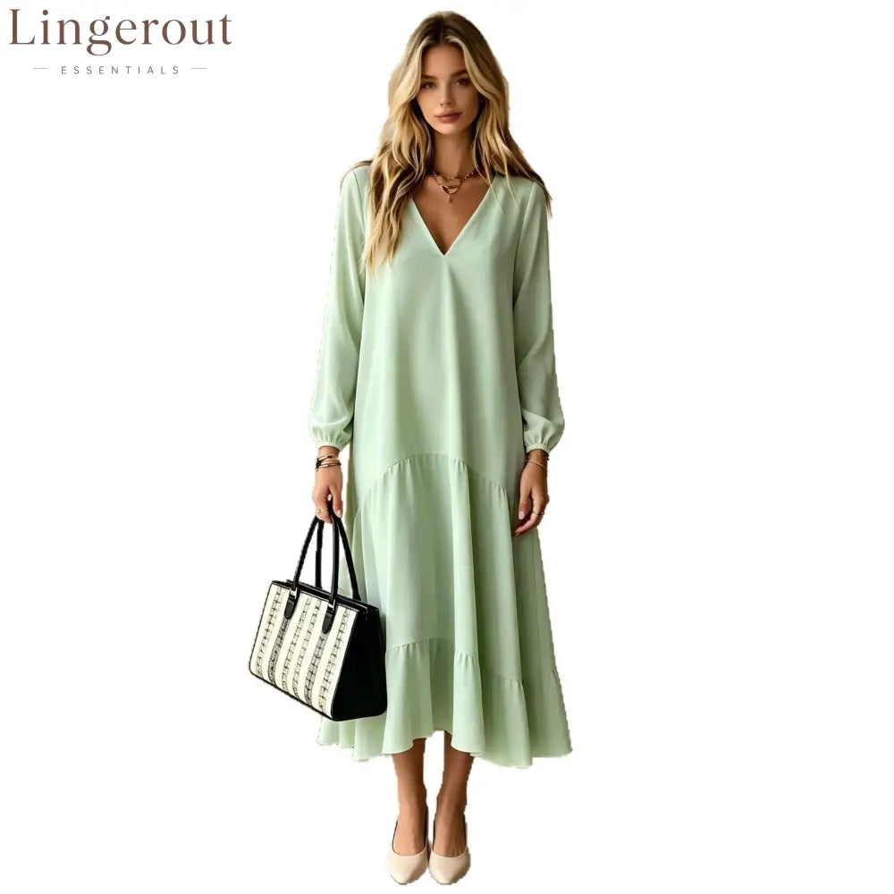 V‑Neck Long‑Sleeve Tiered Ruffle‑Hem Midi Dress