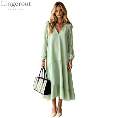 V‑Neck Long‑Sleeve Tiered Ruffle‑Hem Midi Dress