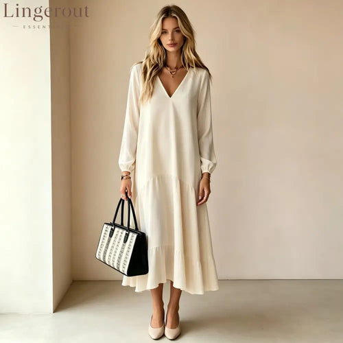 V‑Neck Long‑Sleeve Tiered Ruffle‑Hem Midi Dress