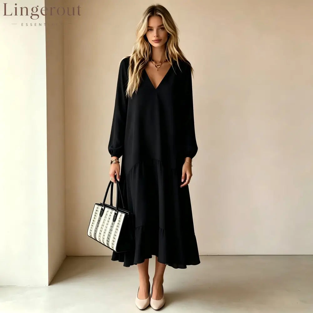 V‑Neck Long‑Sleeve Tiered Ruffle‑Hem Midi Dress - black / S