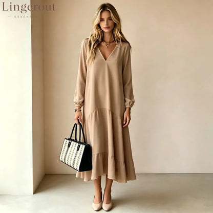 V‑Neck Long‑Sleeve Tiered Ruffle‑Hem Midi Dress - khaki / S