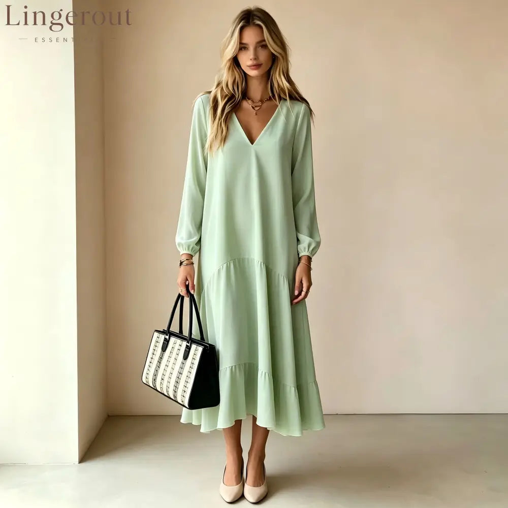 V‑Neck Long‑Sleeve Tiered Ruffle‑Hem Midi Dress - light green / S