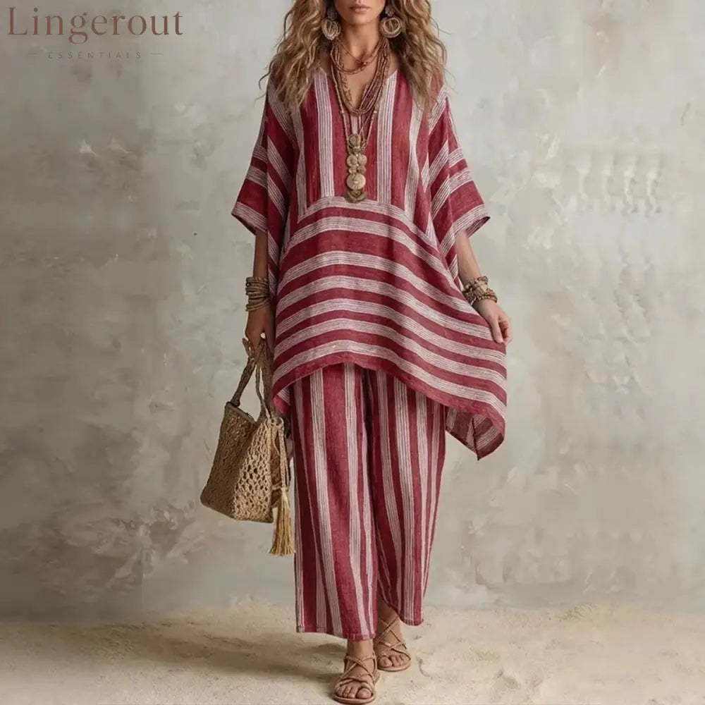 V-Neck Loose Striped Casual Two-Piece Suit