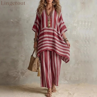 V-Neck Loose Striped Casual Two-Piece Suit