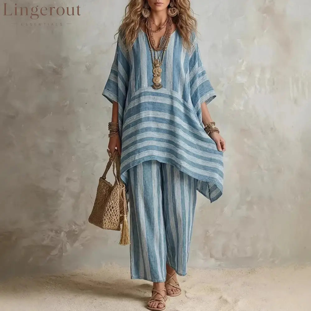 V-Neck Loose Striped Casual Two-Piece Suit
