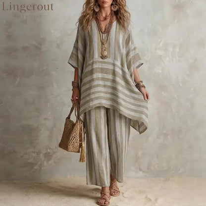 V-Neck Loose Striped Casual Two-Piece Suit