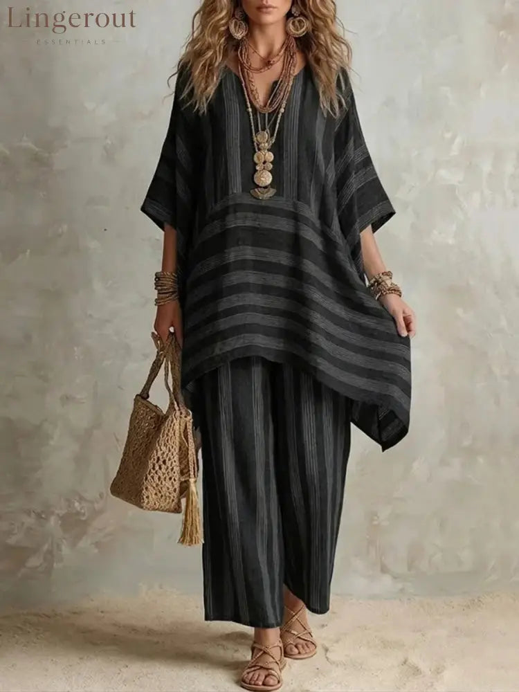 V-Neck Loose Striped Casual Two-Piece Suit - Black / S