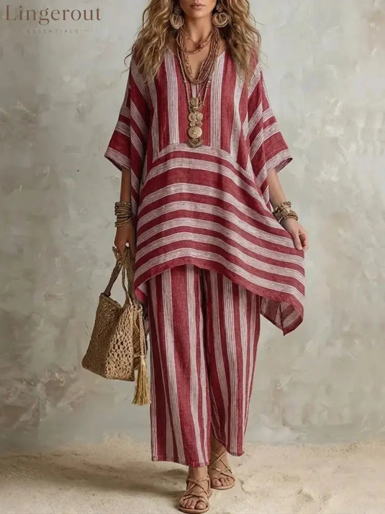 V-Neck Loose Striped Casual Two-Piece Suit - Claret / S