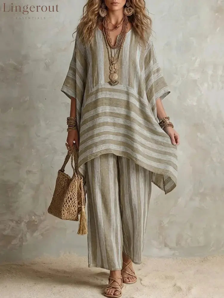 V-Neck Loose Striped Casual Two-Piece Suit - Khaki / S