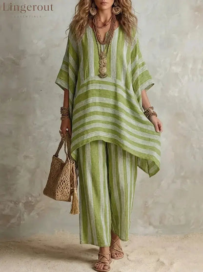 V-Neck Loose Striped Casual Two-Piece Suit - Matcha color / S