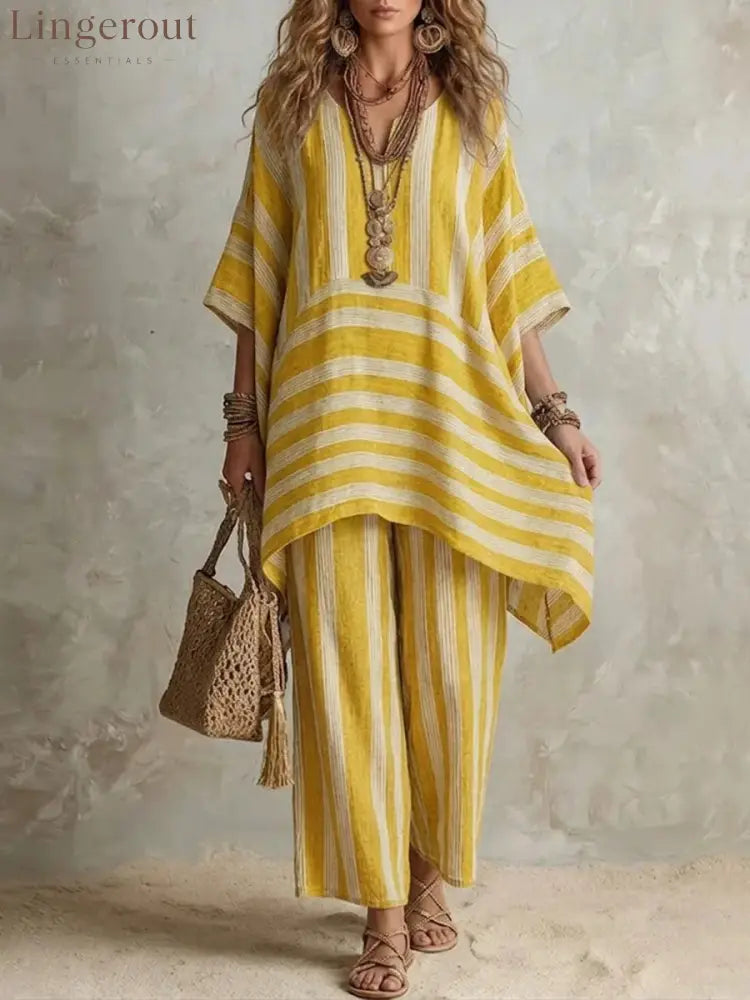 V-Neck Loose Striped Casual Two-Piece Suit - Yellow / S