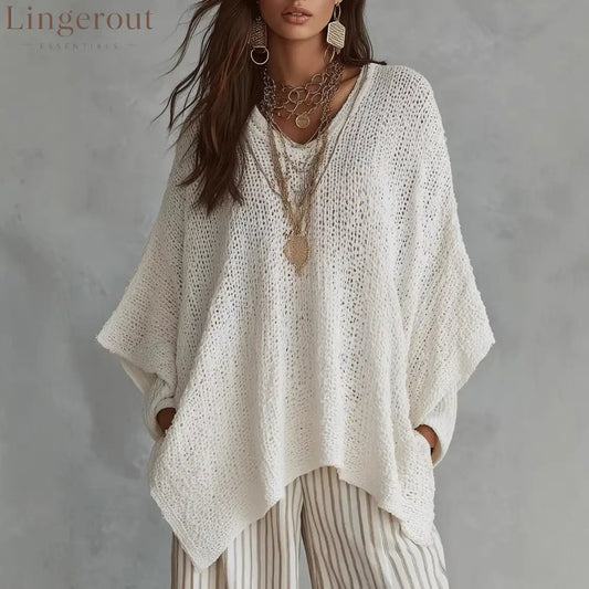 V-Neck Open Knit Oversized Batwing Long Sleeve Sweater Top