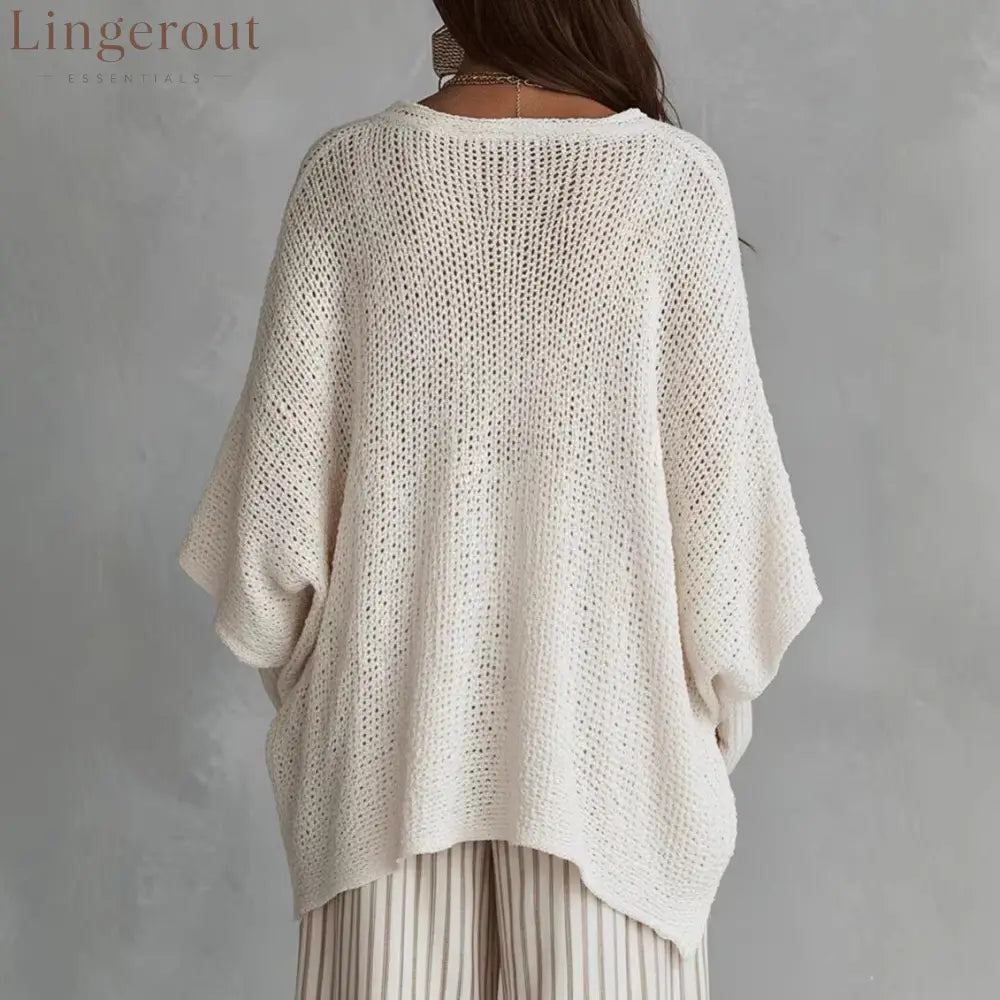 V-Neck Open Knit Oversized Batwing Long Sleeve Sweater Top