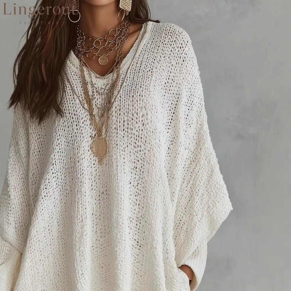 V-Neck Open Knit Oversized Batwing Long Sleeve Sweater Top