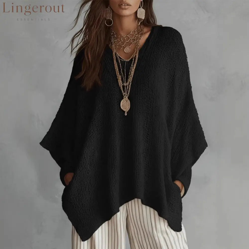 V-Neck Open Knit Oversized Batwing Long Sleeve Sweater Top