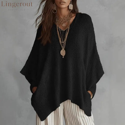 V-Neck Open Knit Oversized Batwing Long Sleeve Sweater Top
