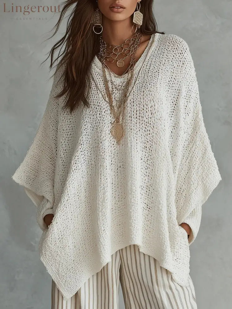 V-Neck Open Knit Oversized Batwing Long Sleeve Sweater Top - White / S