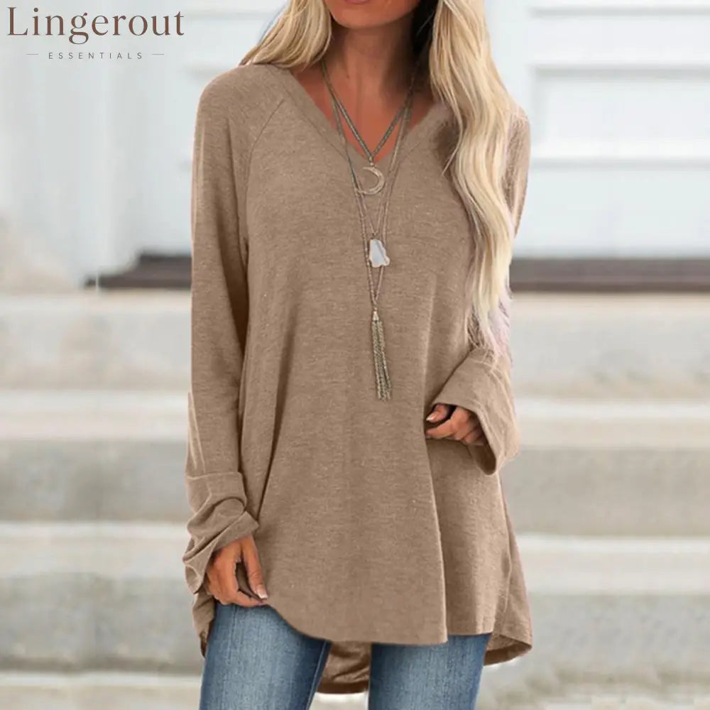 V‑Neck Raglan Long‑Sleeve Loose Knit Tunic Top