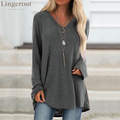 V‑Neck Raglan Long‑Sleeve Loose Knit Tunic Top - Dark gray / S
